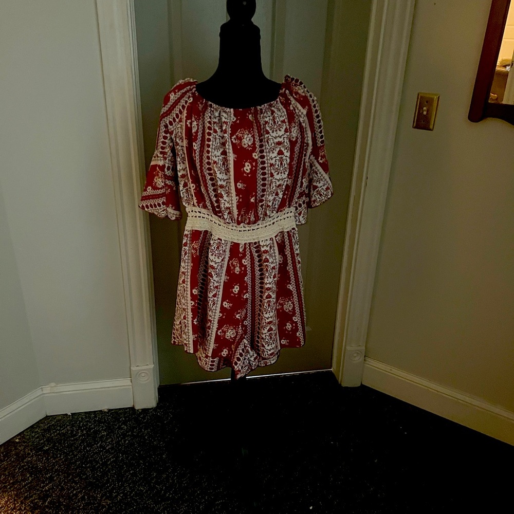 Red and white off the shoulder romper